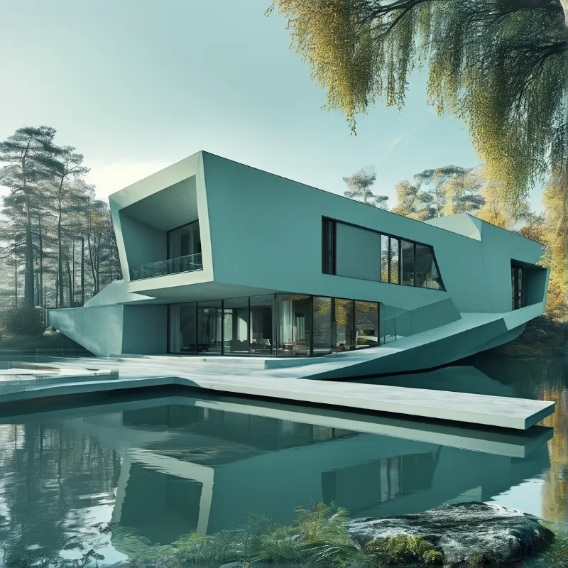 Sharp geometric concrete home extends over a still reflective lake, surrounded by autumn forest in bright soft daylight.