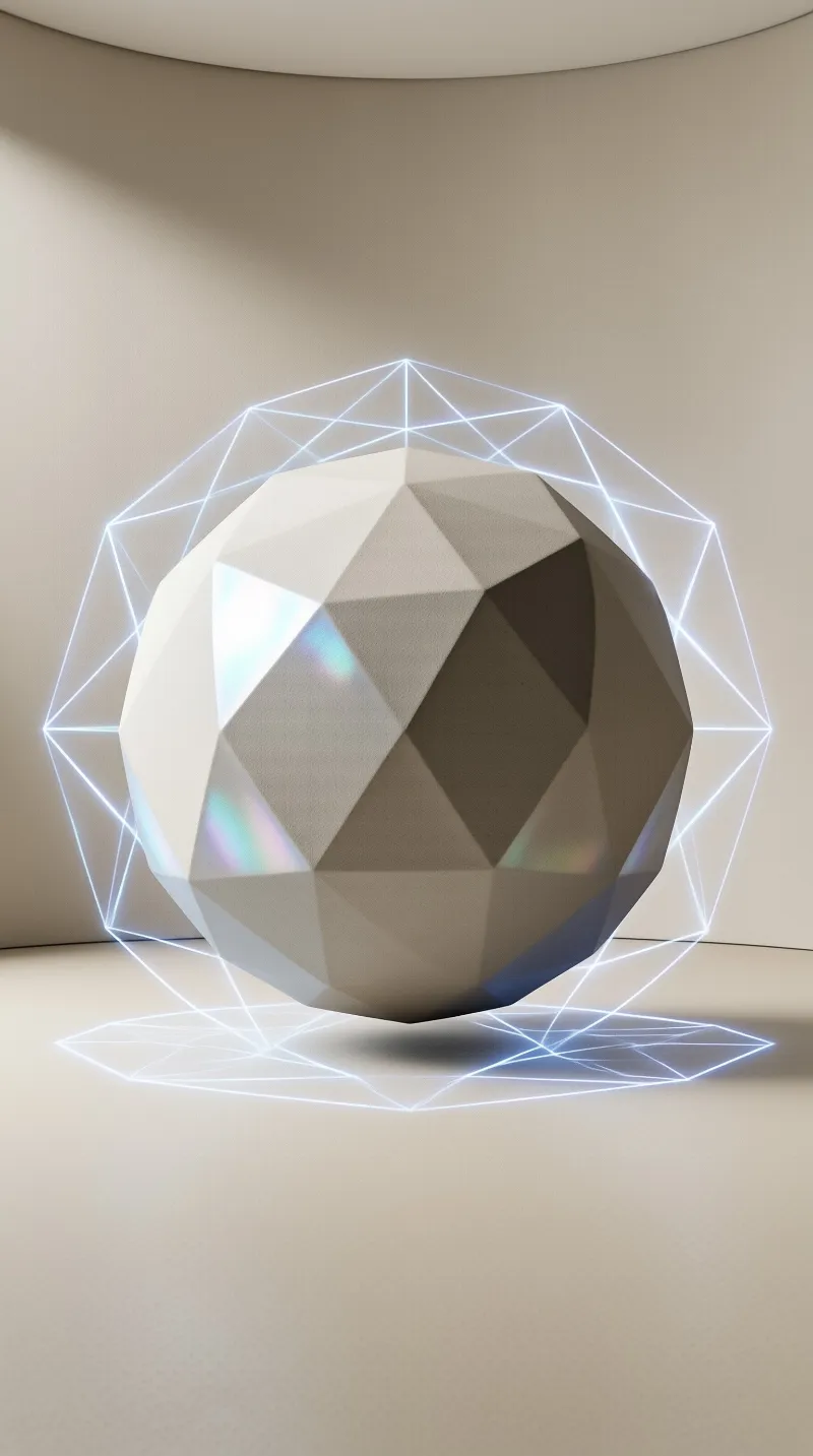 A faceted pearlescent object floats within a luminous white lattice structure in a minimalist beige room.