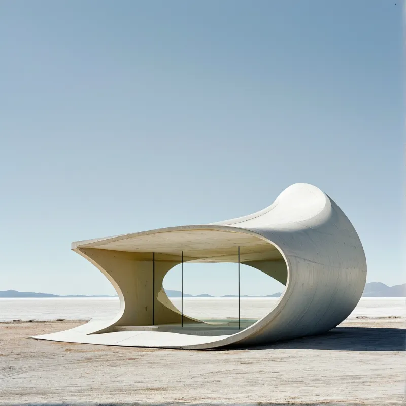 A white curved concrete structure stands isolated on a vast white salt flat under a clear blue sky.