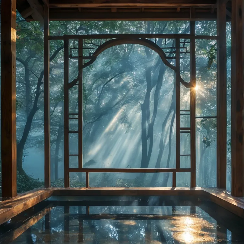 Sunbeams in Misty Forest