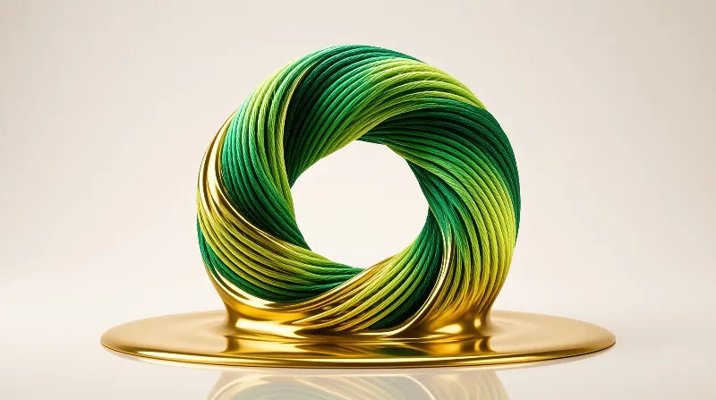 A stylized 3D rendering of a twisted green and gold torus on a reflective metallic surface.