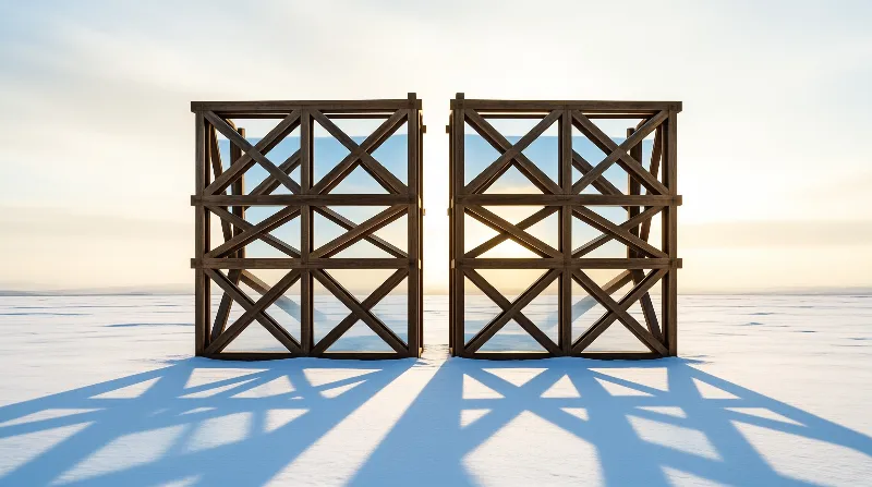 Two tall wooden lattice structures stand apart on a vast white salt flat under a pale sky.
