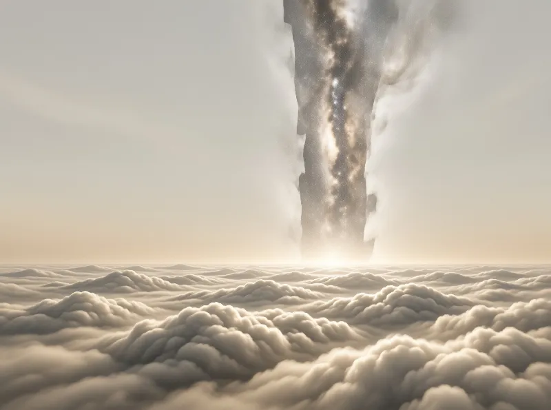 A vertical slice of starry space cuts through the sky over a soft white cloud bank illuminated by warm light.