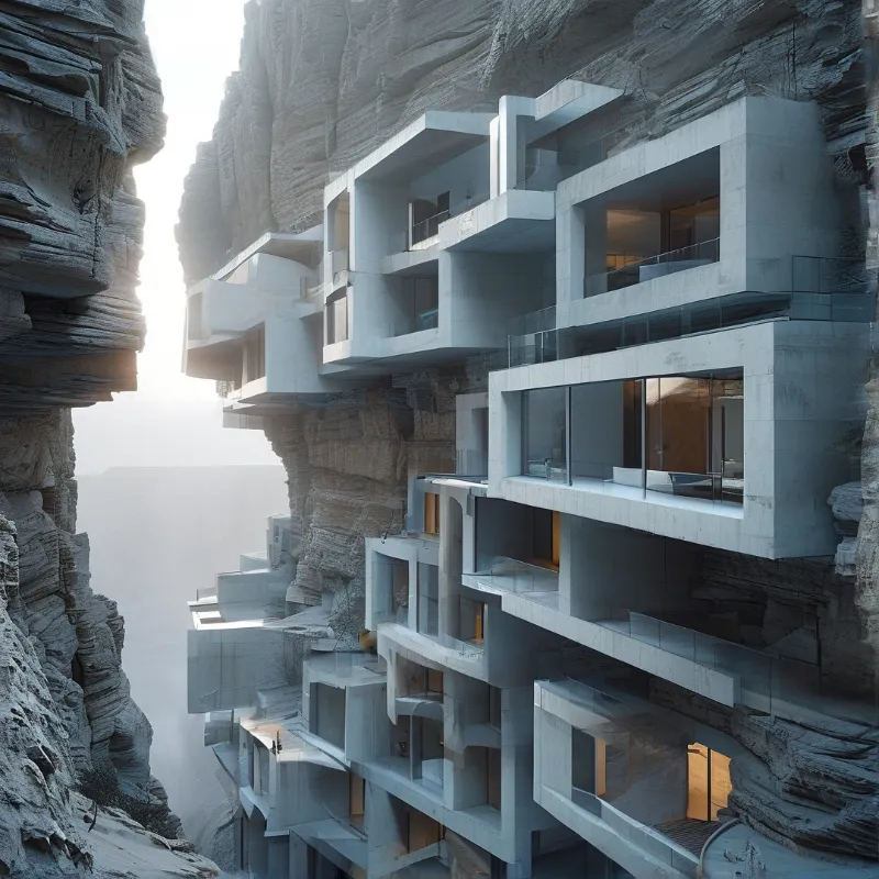 Stacked white cubic structures protrude from a rugged cliff face with soft misty light.
