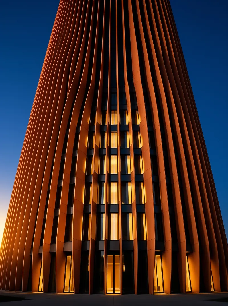 A vertical ribbed tower emits a warm orange glow from its windows while standing against a deep blue sky.