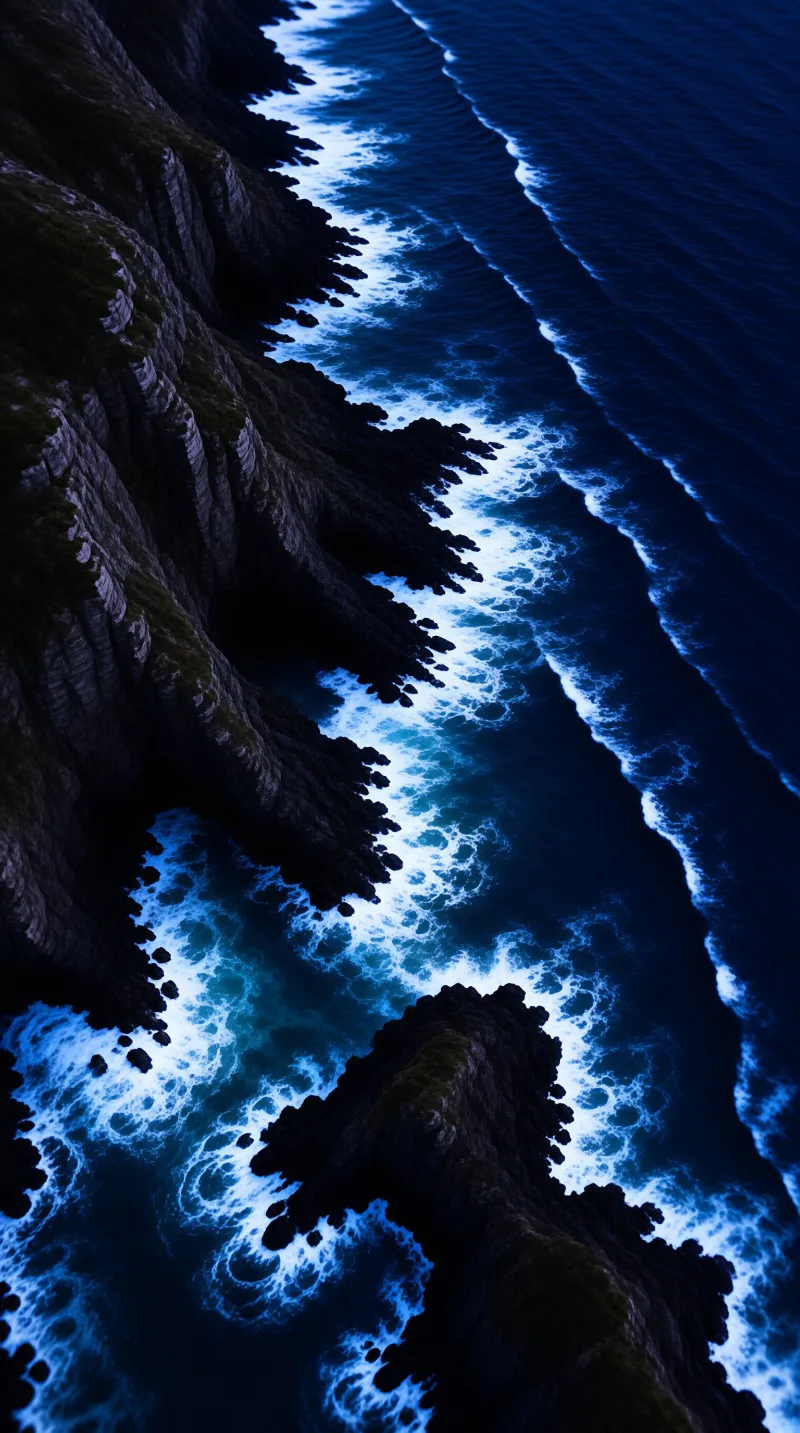 An overhead view of foaming indigo waves sweeping past jagged dark cliffs and a narrow rocky point at dusk.