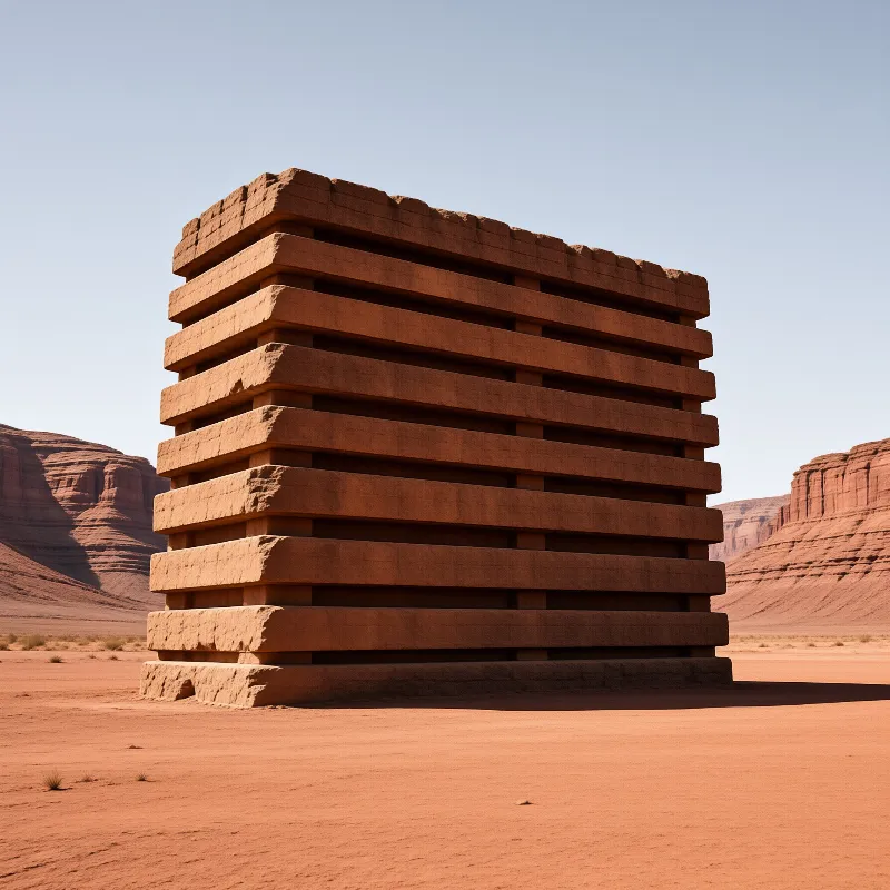 A layered sandstone structure stands in a red desert landscape under a clear blue sky