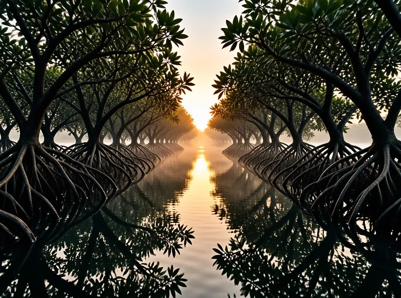 Rows of mangrove trees with tangled roots line a calm channel as the rising sun mirrors along the still water