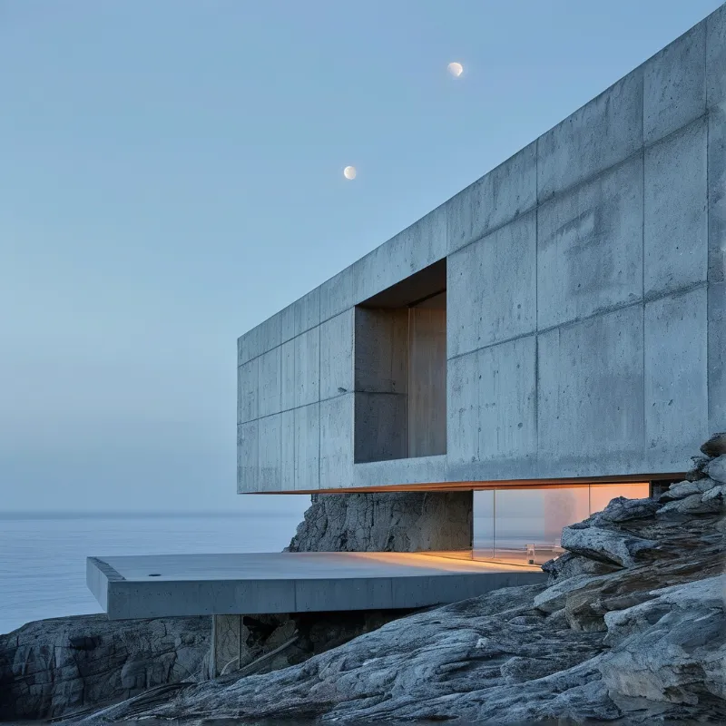 A board-formed concrete volume cantilevers over dark rock shelves, warm interior light spilling onto the terrace at dusk.