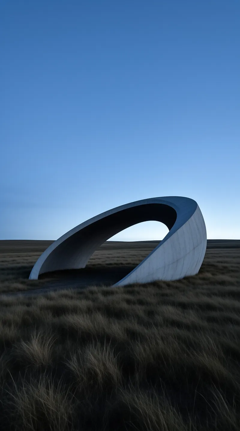 A large white curved structure stands alone in a field of dry brown grass beneath a vast gradient blue sky.