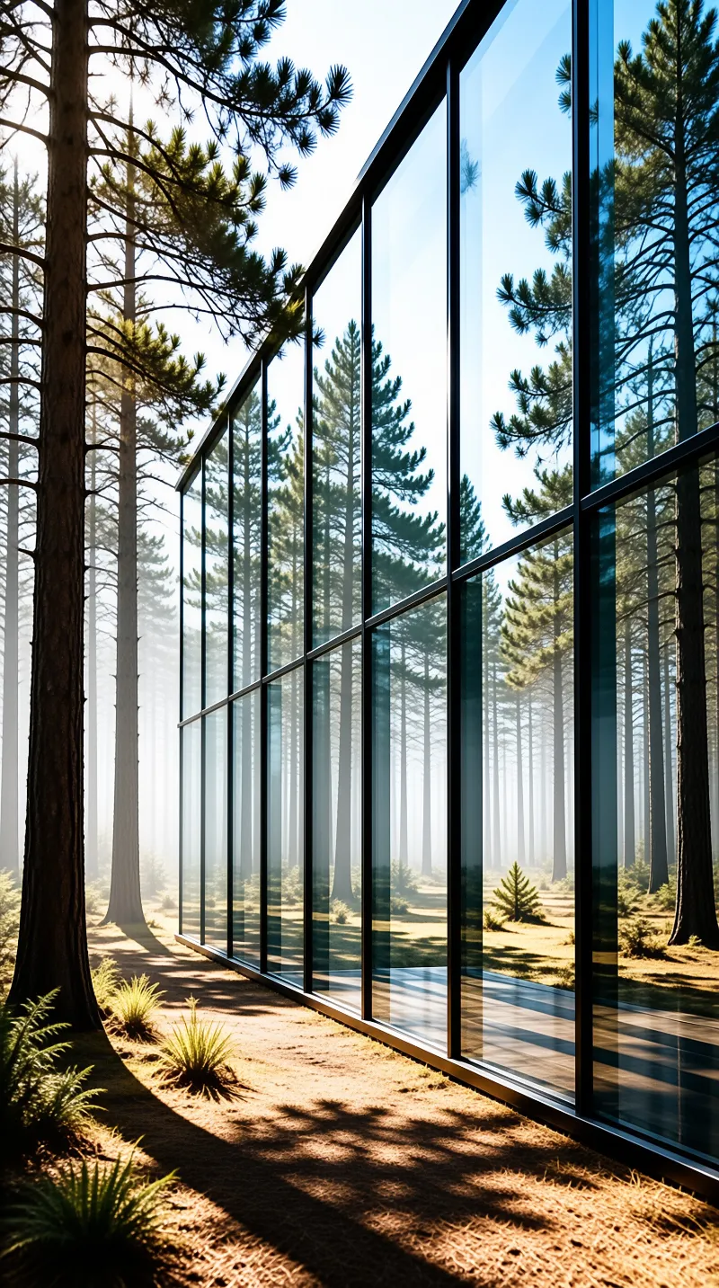 A floor-to-ceiling glazed pavilion disappears into a sunlit pine woodland, its panels doubling the surrounding trunks.