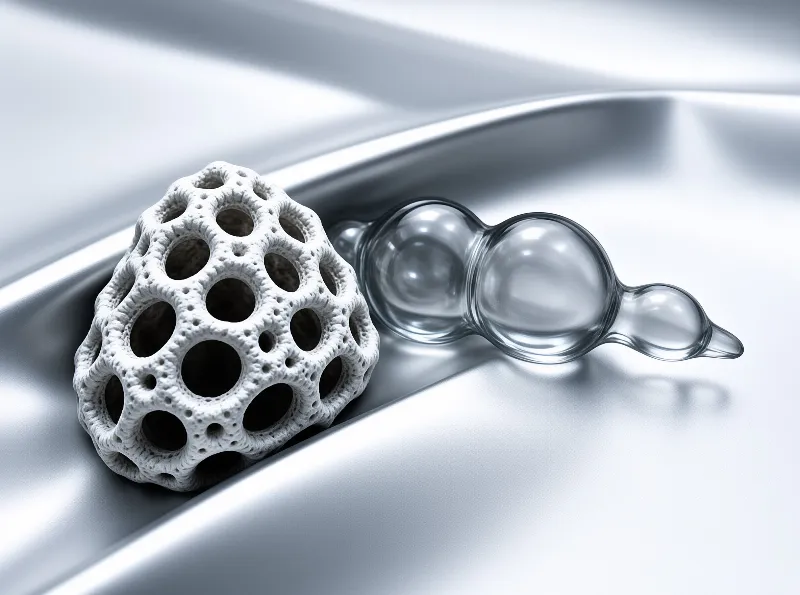 A perforated white ceramic shape sits next to a smooth transparent glass form on softly rippled pale fabric.
