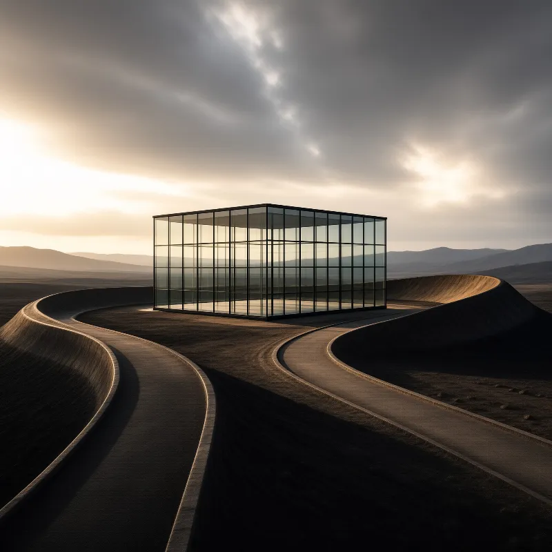 A transparent glass box structure sits on curved paths in a dry landscape while sun rays break through dark clouds