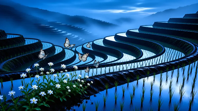 Winding rice terraces filled with water reflect a deep blue sky while white butterflies flutter above foreground flowers.