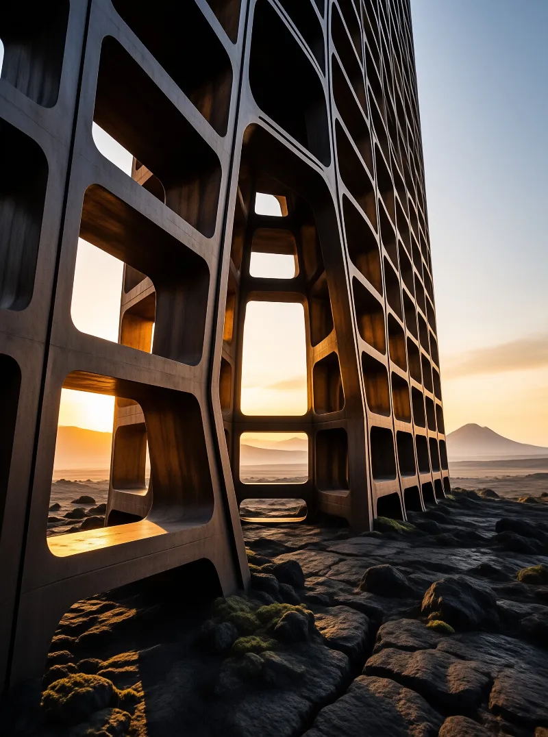 A tall lattice structure sits on rocky ground as warm sun glows through its hollow sections.