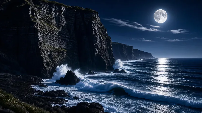Moonlit Coastal Cliffs at Night