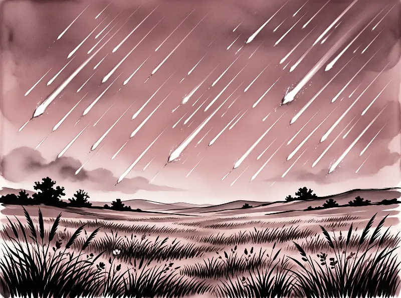 A landscape illustration showing bright diagonal lines cutting across a mauve sky above dark silhouetted hills and tall grass in the foreground.
