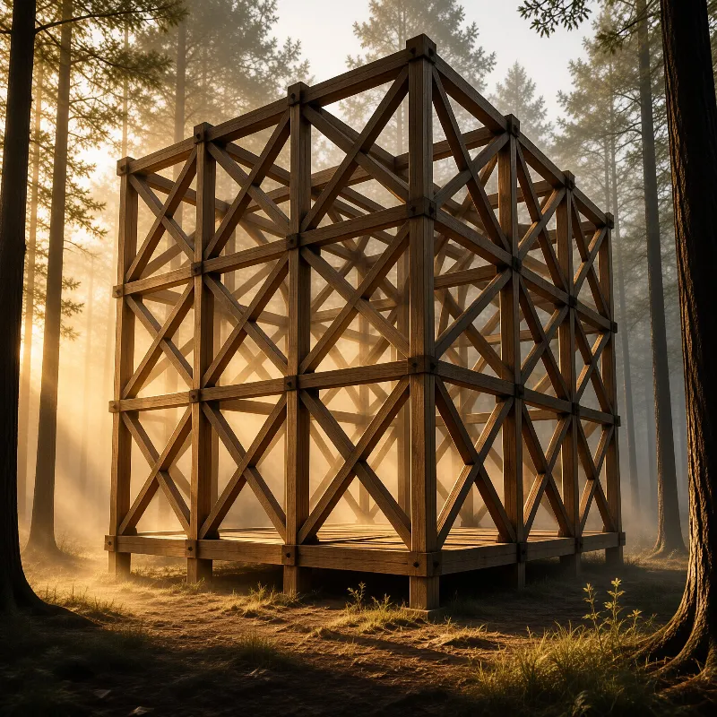 A large wooden lattice framework stands elevated in a foggy forest while golden sun rays illuminate the intersecting beams.