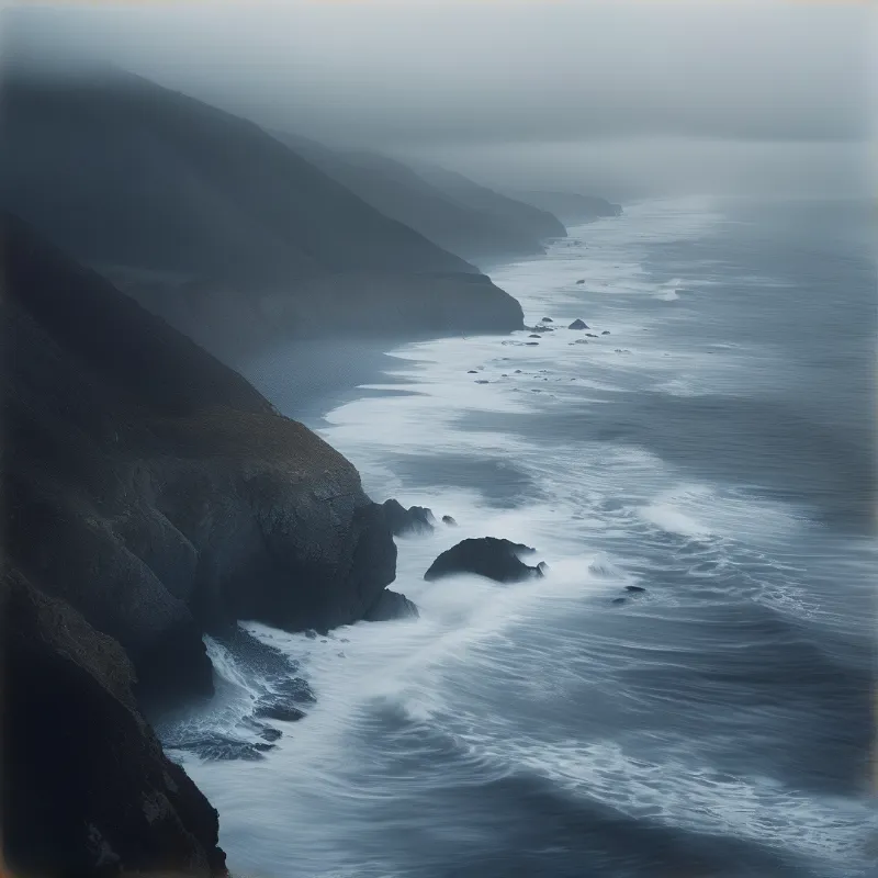 Steel gray surf churns against black headlands while heavy fog drapes the long ocean shore.