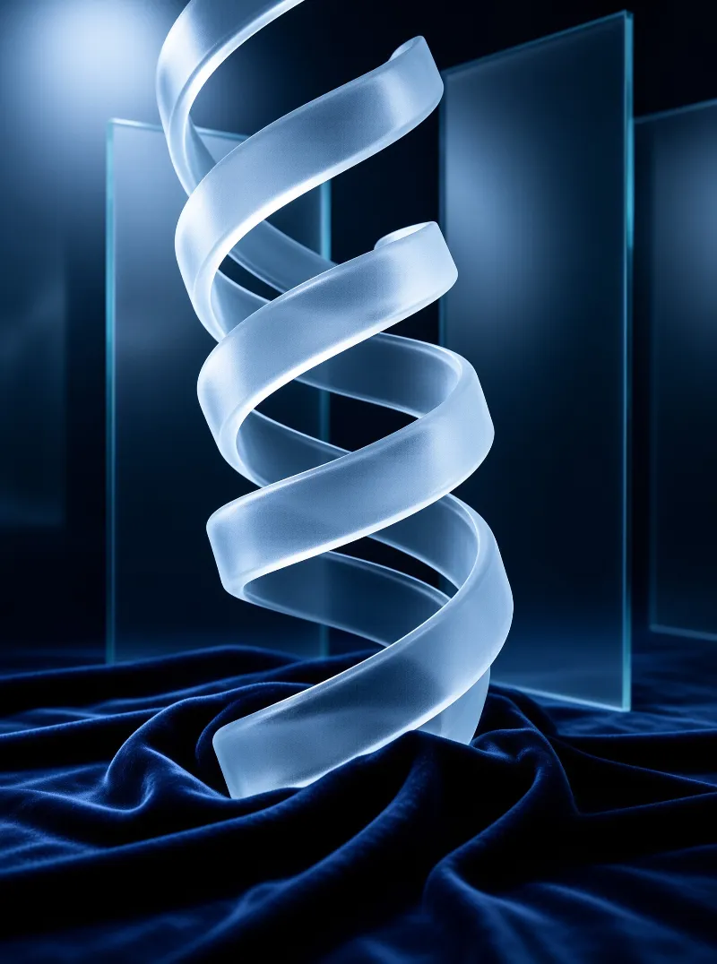 A glowing translucent blue helix stands vertically on a dark blue velvet surface with clear glass panels behind it.