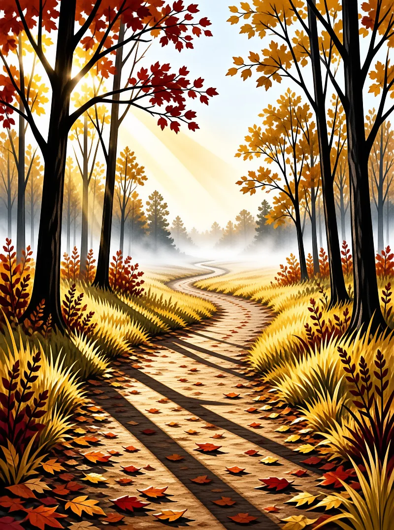 A leaf-strewn path curves into a misty autumn forest where sunbeams shine through trees with red and golden yellow foliage.