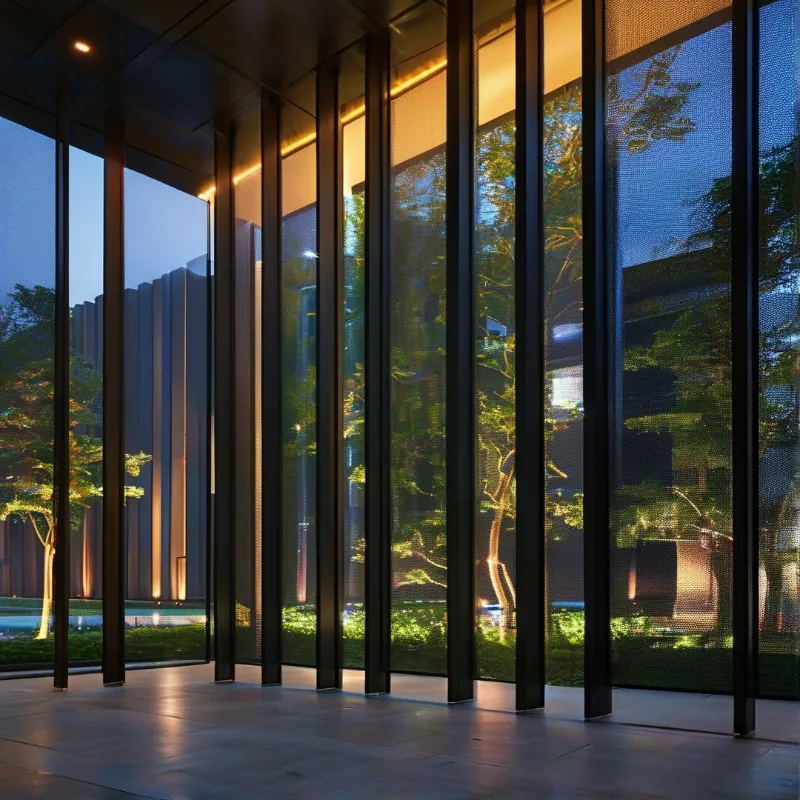 Dark vertical columns support tall glass walls overlooking a tree-lined courtyard with warm uplighting at dusk.