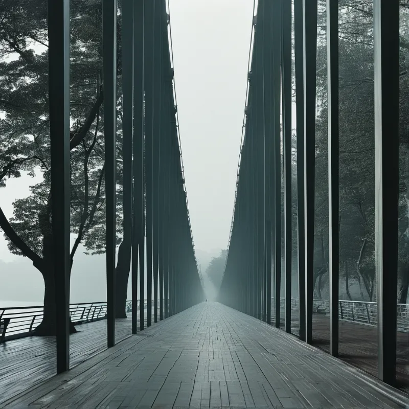 Rows of dark steel hangers converge along an empty timber deck as mist swallows the far end of a riverside crossing