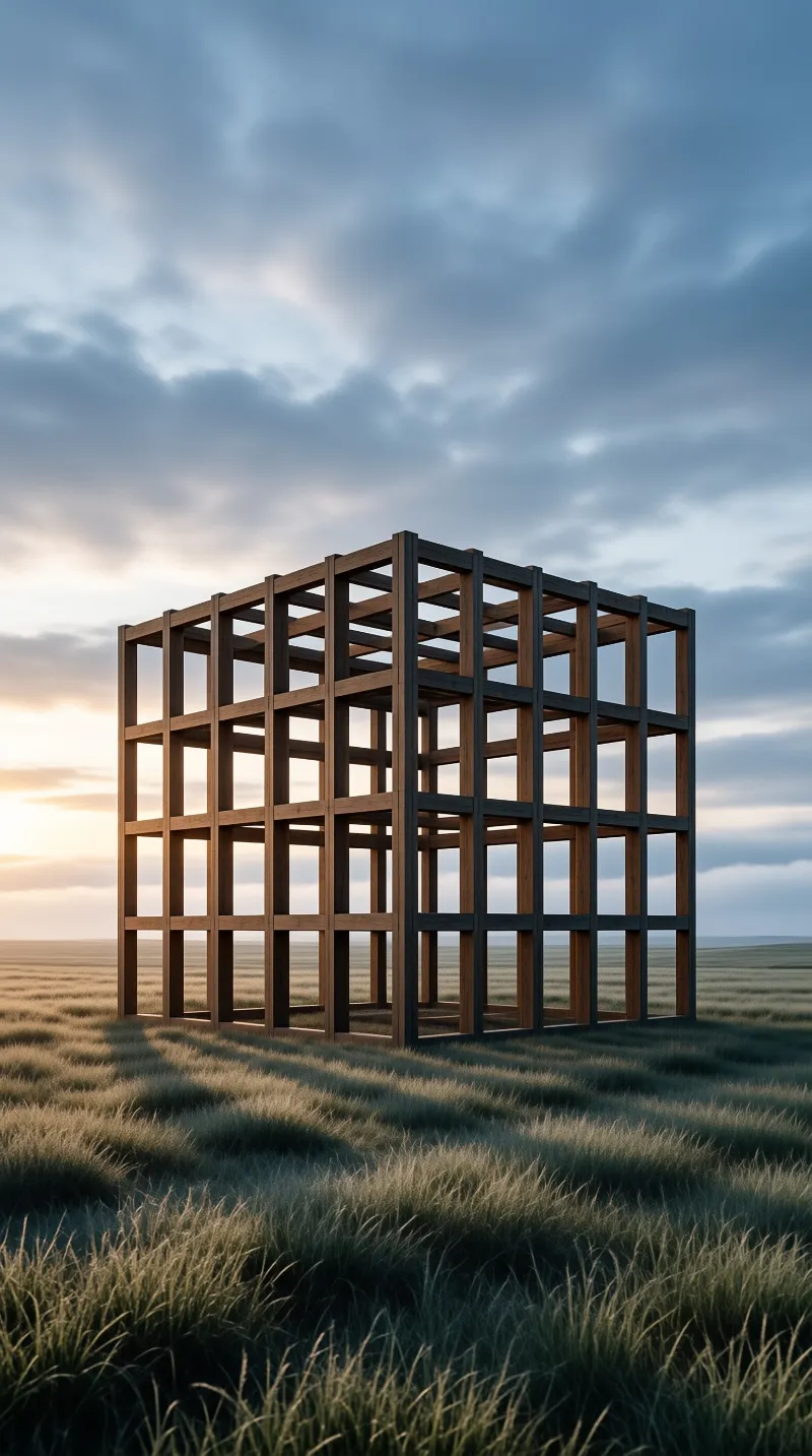 An open lattice of wooden beams forms a hollow cube in a windswept meadow beneath a soft cloudy dusk sky.