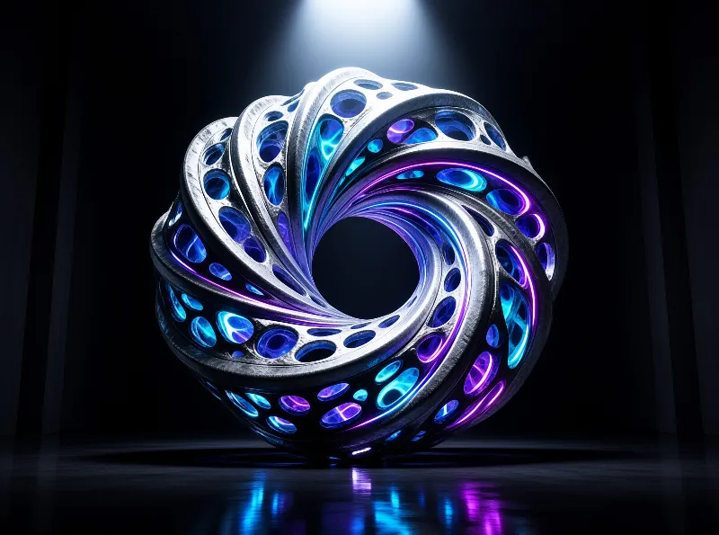 A metallic lattice ring glows with internal violet and cyan lights while resting on a glossy surface in a dark studio.