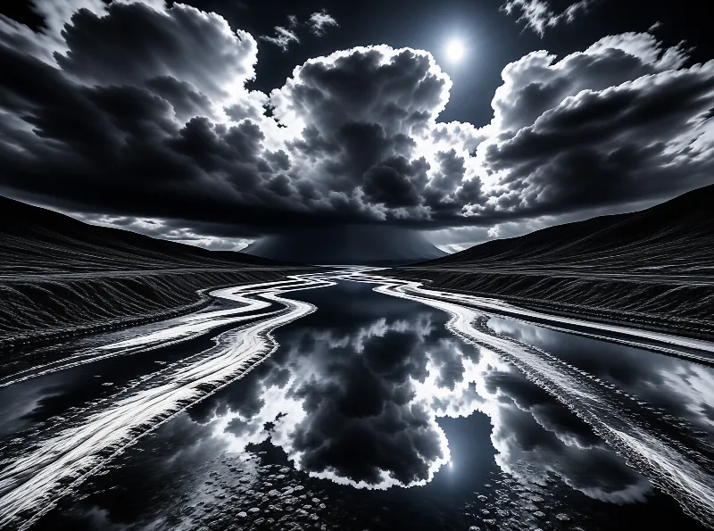 A winding river cuts through a dark landscape reflecting huge clouds and a bright light in the sky.