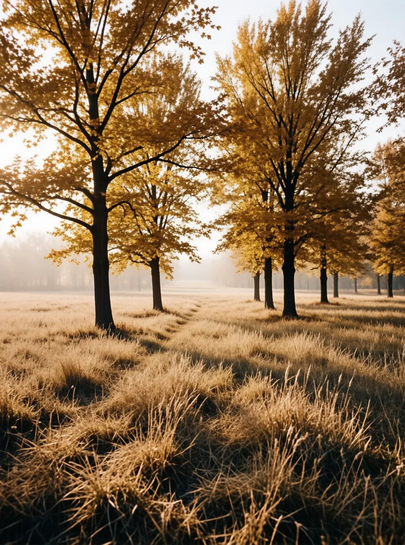 Rows of deciduous trees with bright yellow foliage stand in a grassy meadow filled with warm morning mist.