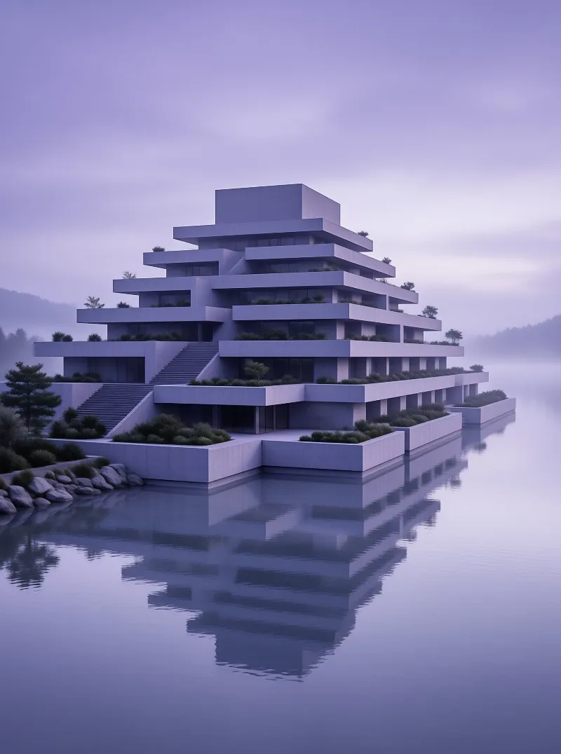A tiered modernist building of pale concrete terraces planted with shrubs stands in calm water under a soft violet dusk sky.