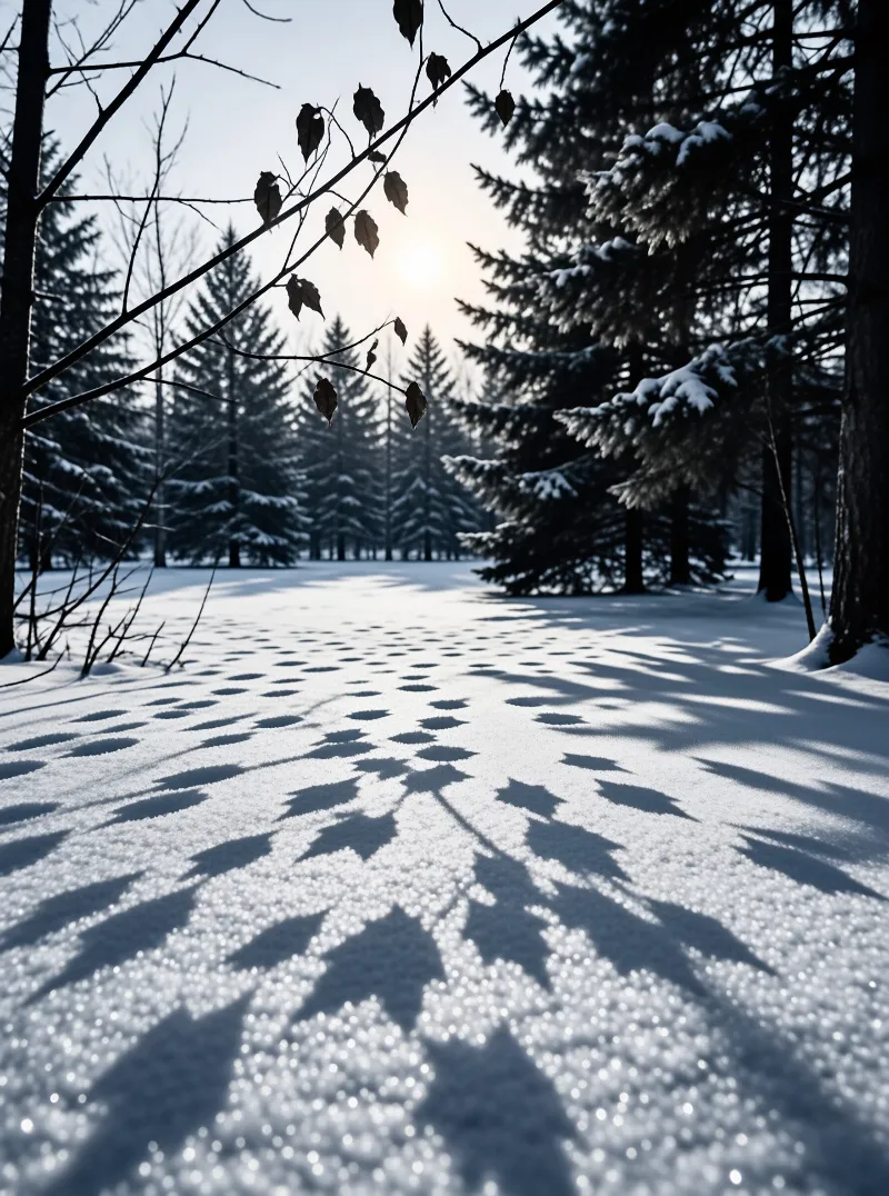 Sunlight filters through a dense evergreen forest creating intricate shadows on the white snow covered ground.