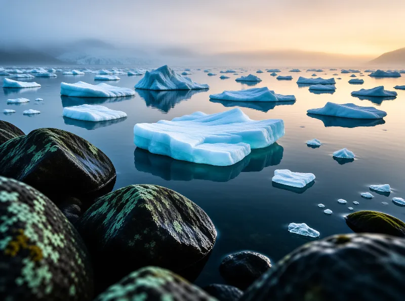 Floating blue ice floes drift across calm water near dark mossy rocks under a soft misty sunset sky.
