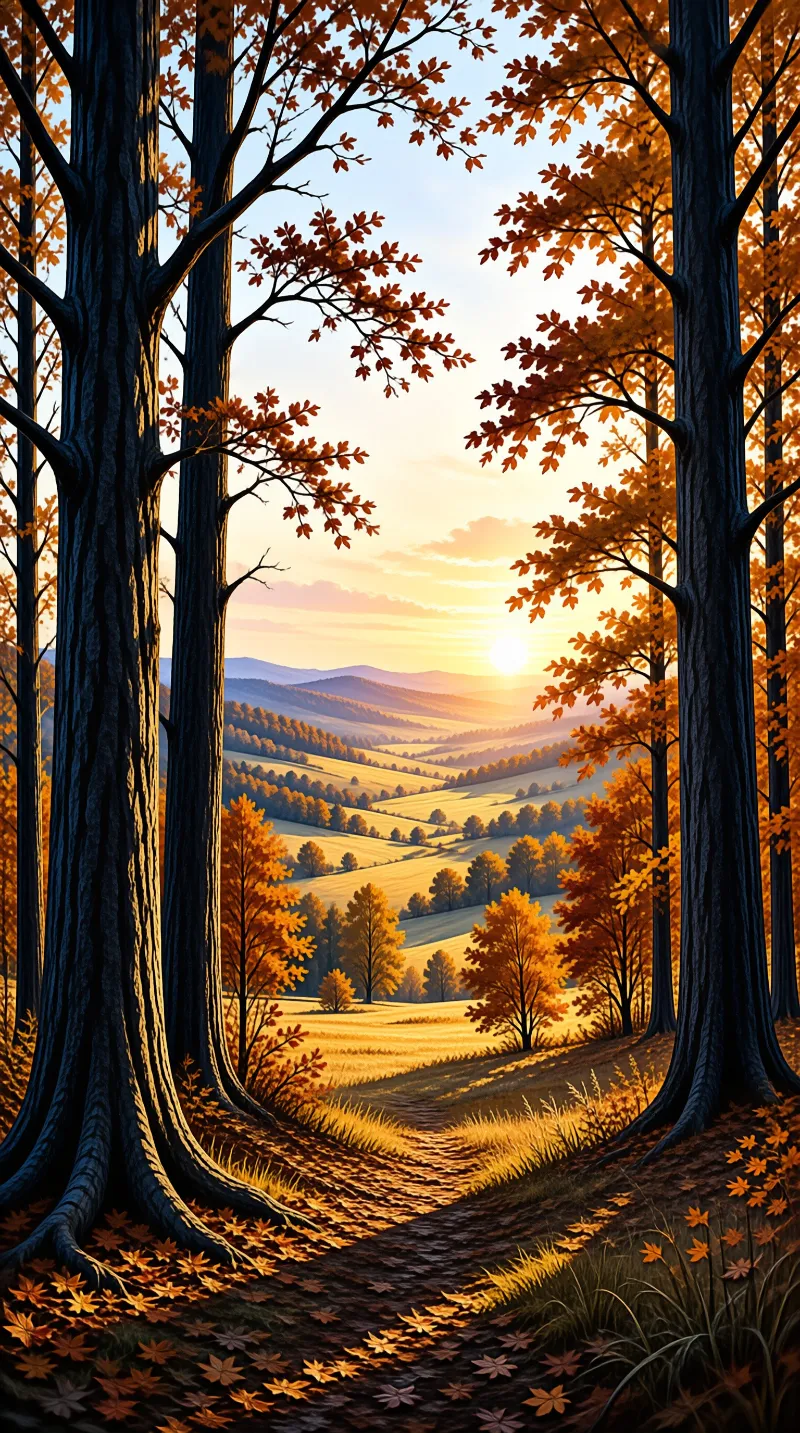 Tall oak trees frame a golden sunset over rolling hills along a forest path.