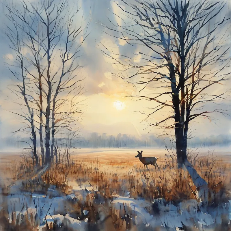A lone deer stands amidst snow-covered reeds as bare trees frame a bright sun rising over a misty forest horizon.