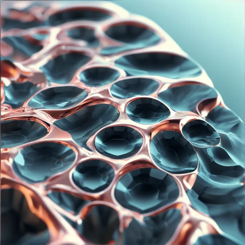 A glossy copper lattice of hollow cells reflects cool teal light across its molten metallic surface