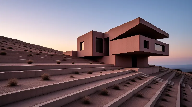 A geometric rammed earth structure sits on terraced arid hillside steps under soft fading sunset light