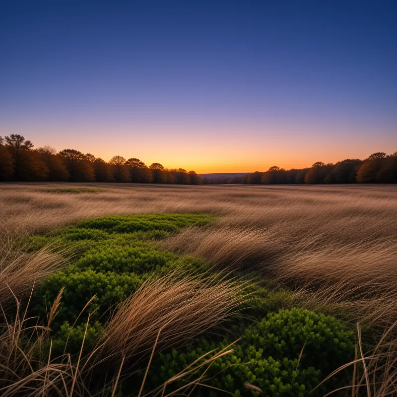 Golden grass blades sweep horizontally across a field with green shrubs in the foreground under a twilight sky.