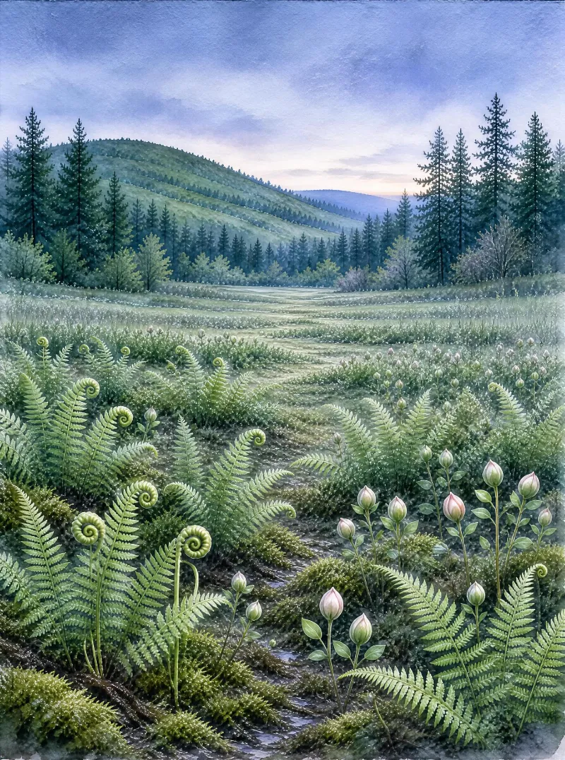 A watercolor painting of ferns with coiled fronds and pink flower buds in the foreground of a misty meadow, surrounded by dense forest and rolling green hills under a soft blue hour sky