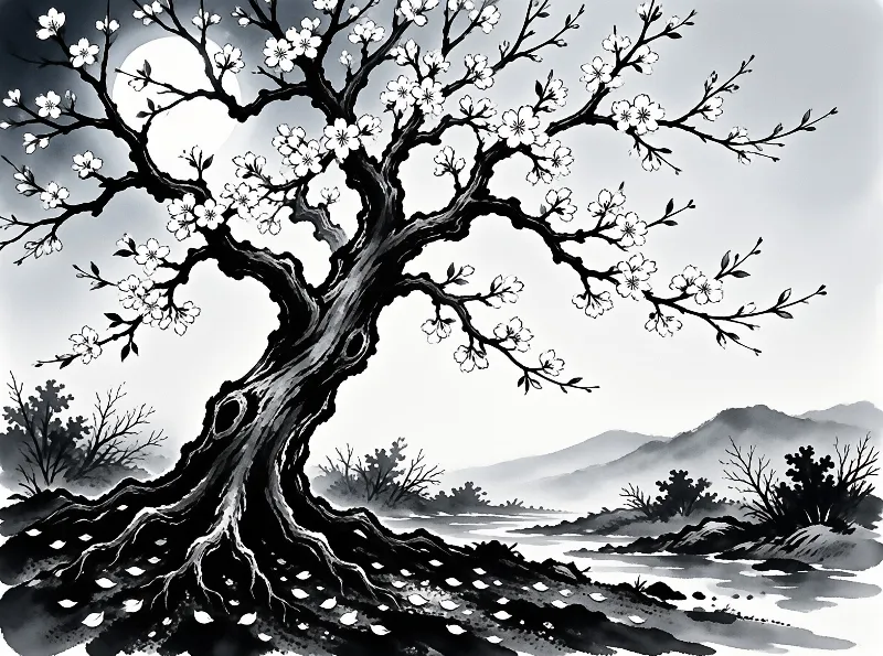 A gnarled cherry tree with white flowers stands near a river with mountains in the distance under a bright moon.
