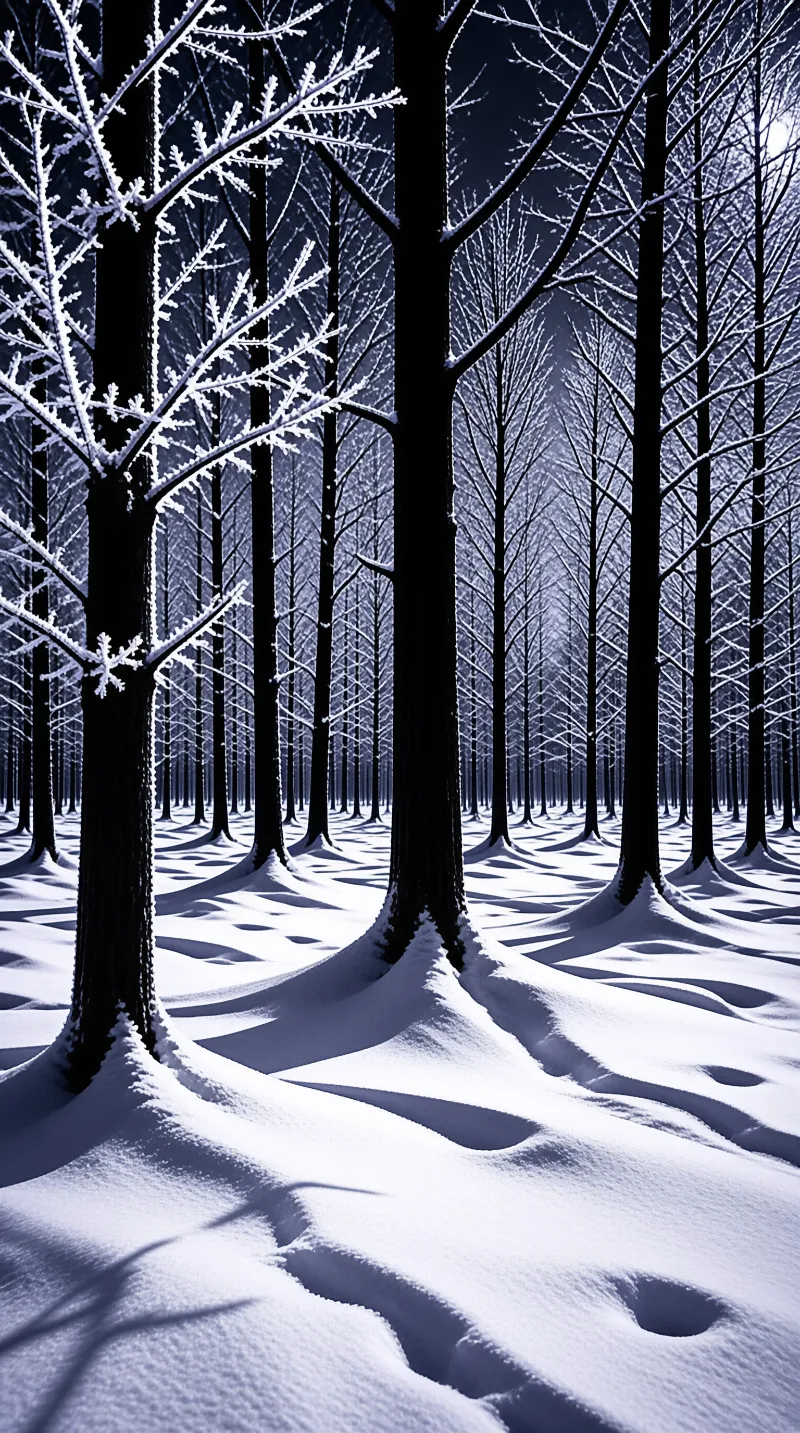 A dense grove of dark trees rises from a thick layer of white snow under bright light.