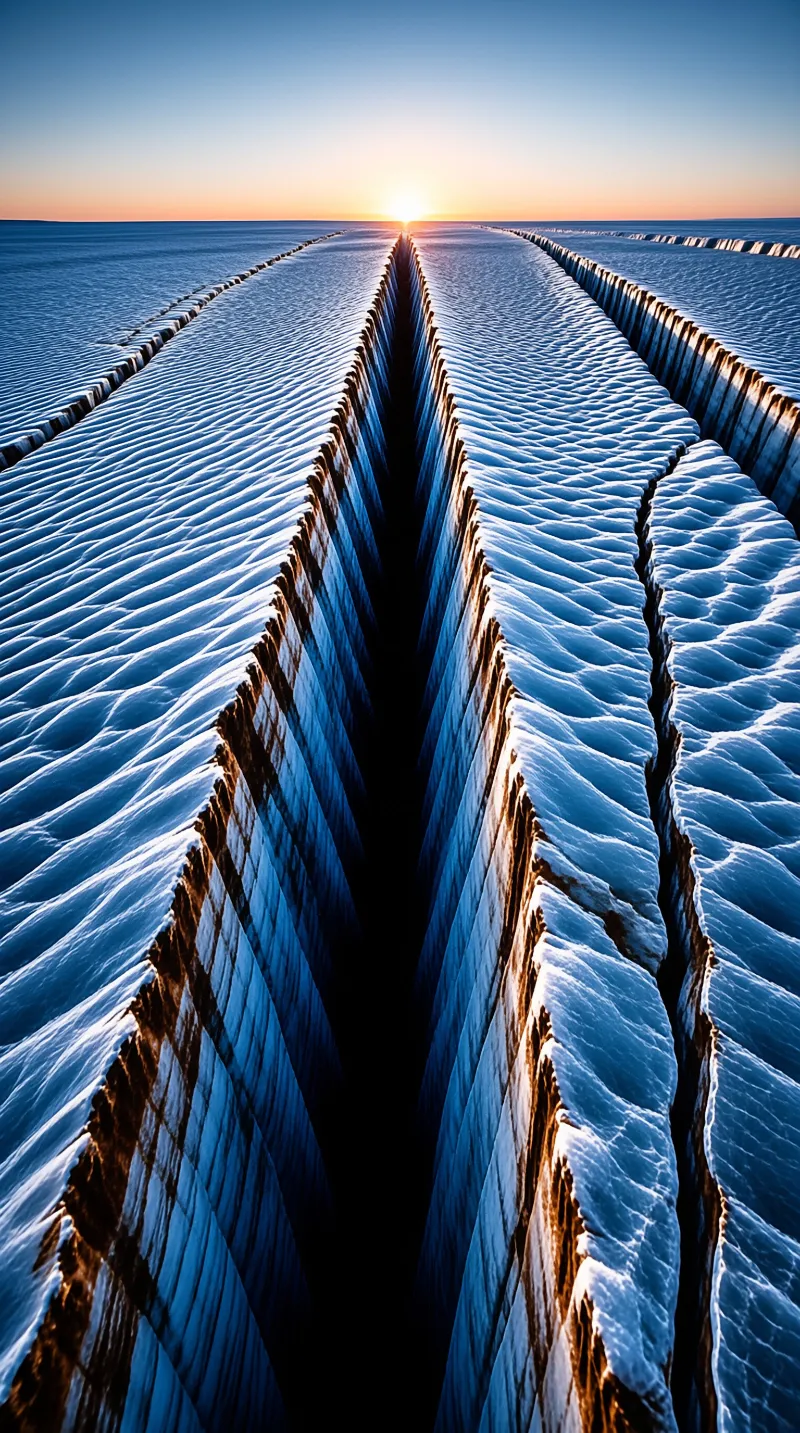 Deep blue glacial crevasses cut through a frozen plain and converge toward a glowing sun on the distant horizon.
