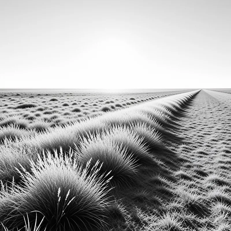 Monochrome landscape showing distinct rows of vegetation stretching toward a flat distant horizon.