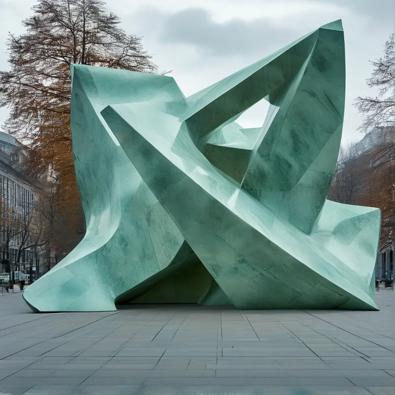 A massive green patina artwork with sharp angular planes sits on a paved city square during a cloudy autumn day.