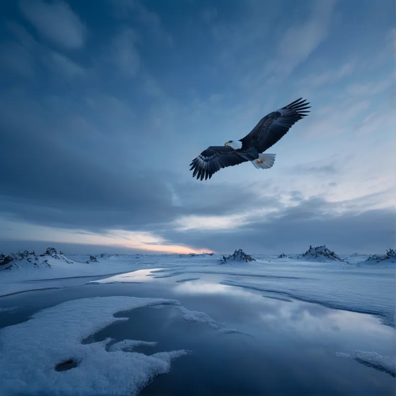 A bald eagle flies with wings spread above a frozen stream reflecting the cloudy sky.