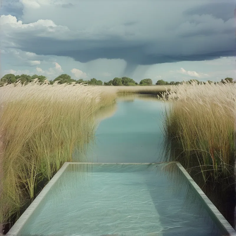 A concrete edged pool merges with a calm marsh channel, bordered by pale reeds under a heavy rain cloud.