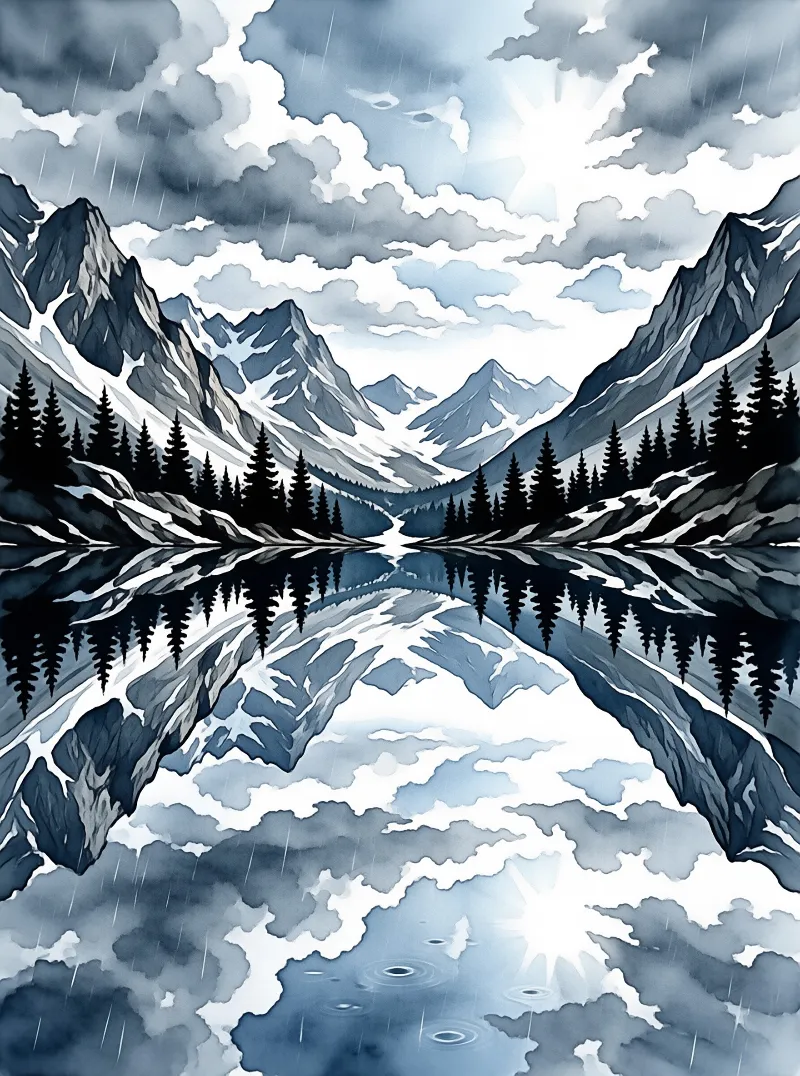 Digital art depicts snow-capped mountains and dark trees mirrored in a rainy blue lake with cloud reflections.