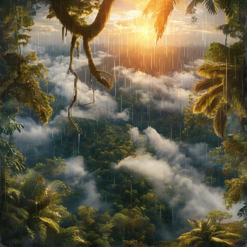 Thick fog rolls over a lush green rainforest as golden sunlight streams through the trees and rain falls from the sky.