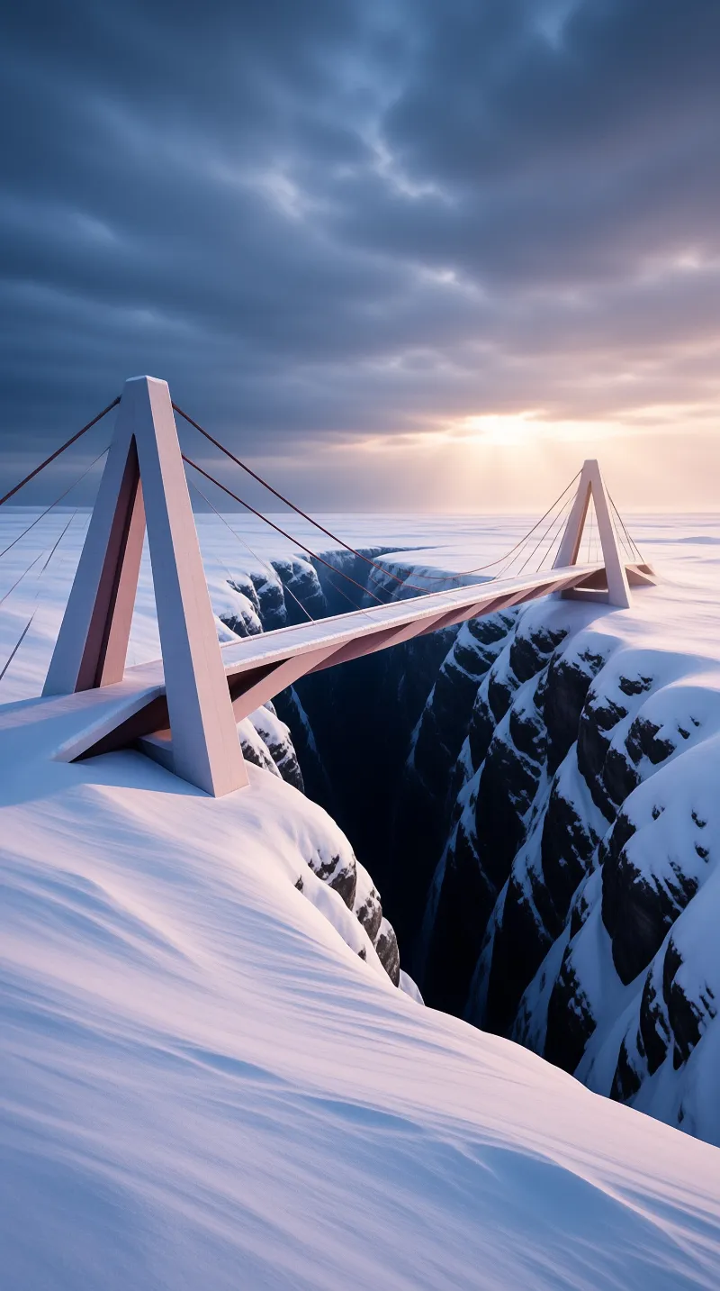 A white cable-stayed structure crosses a deep frozen chasm beneath a dramatic sky with breaking sunlight.
